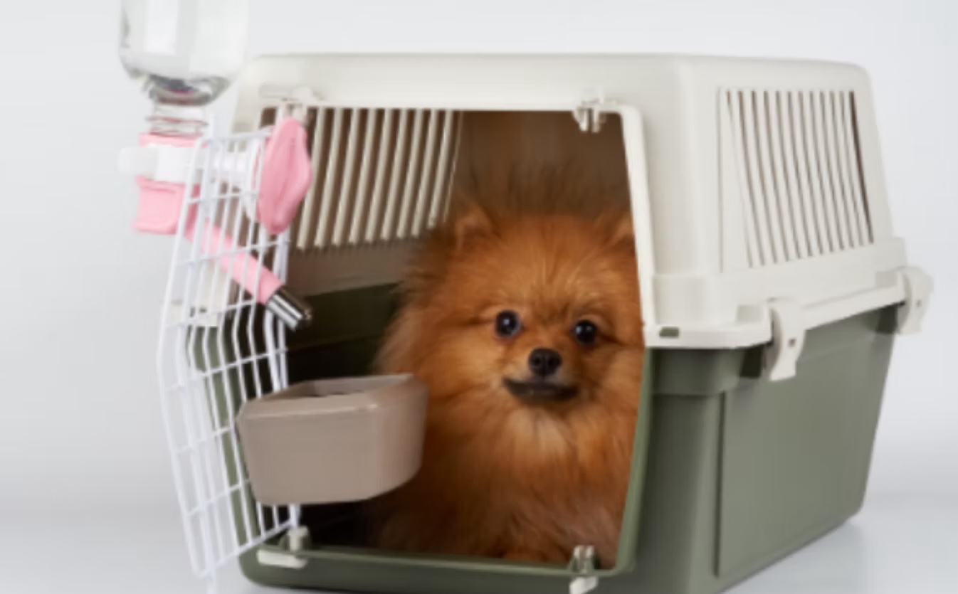 Fluffy Pomeranian sitting inside a travel crate with a food bowl and accessories, representing airplane travel and dog boarding services in Irvine